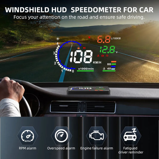 A8 OBD2 Head Up Display 5.5 Inch HUD Speedometer with RPM Water Temperature Voltage and Speed Alerts