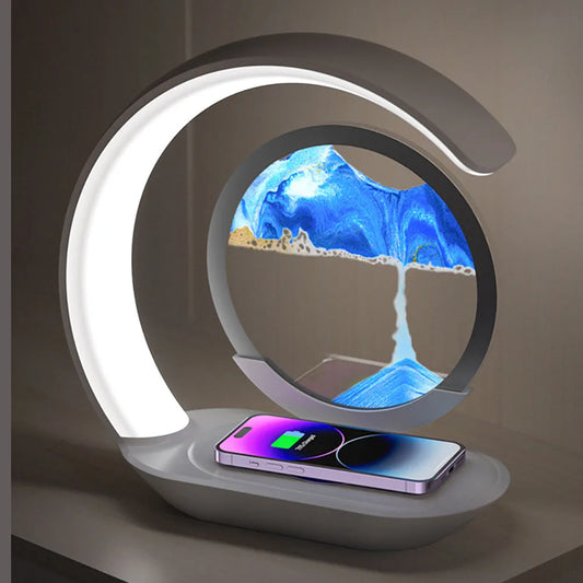 Quicksand Table Lamp 3D Hourglass Sand Art Night Light with USB Wireless Charging Desk Lamp