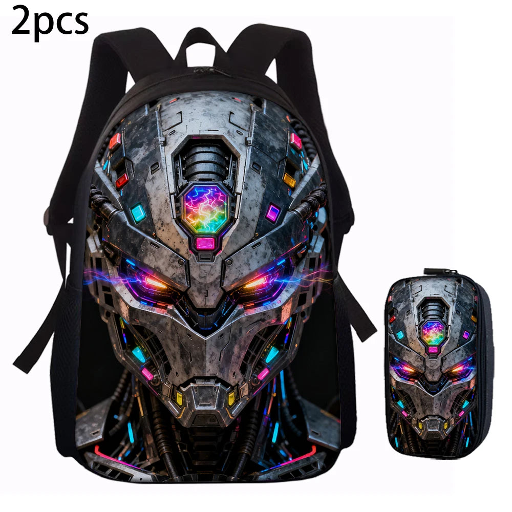 Cartoon Robot Print Backpack Set – Roomy Polyester School & Travel Bag, Unisex