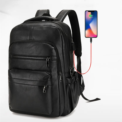 Men's PU Leather Laptop Backpack with USB Charging Port