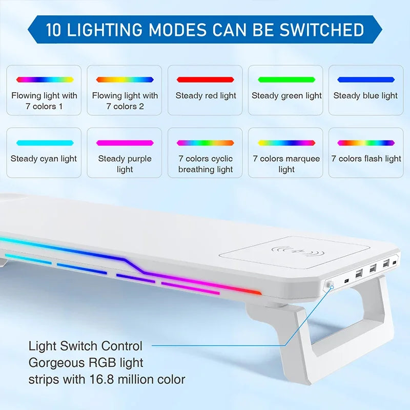 RGB Monitor Stand with USB Hub & Wireless Charging – 20 Lighting Effects, 25 kg Load