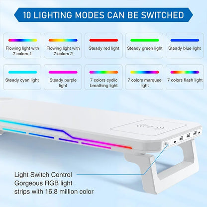 RGB Monitor Stand with USB Hub & Wireless Charging – 20 Lighting Effects, 25 kg Load