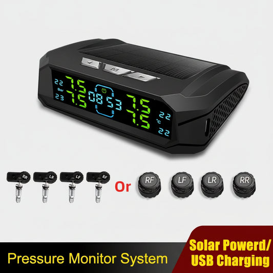 Car tire pressure monitor system with digital display and additional sensors on a white background