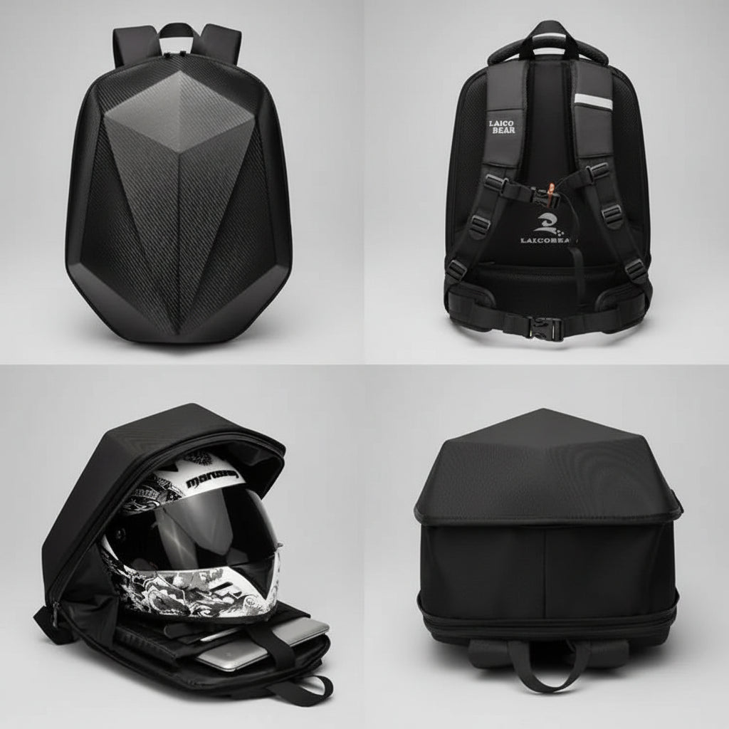 Motorcycle Hard Shell Backpack – Helmet Bag, Waterproof Large Capacity Rider Bag with Laptop Compartment