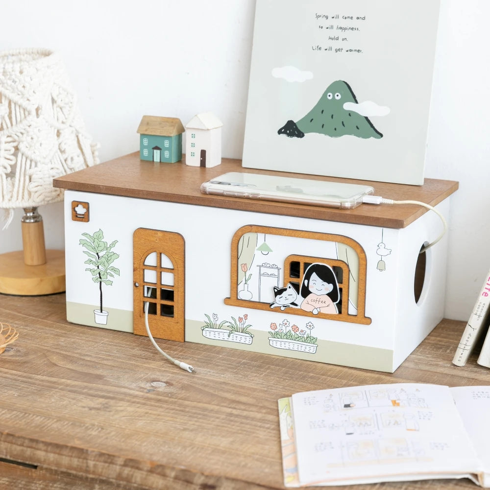 Wooden Desktop Cord Storage Box Desktop Organization Storage