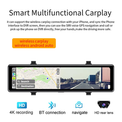 4K Rearview Mirror Dash Cam with Wireless CarPlay Android Auto 12 Inch Touch Screen WiFi GPS Support