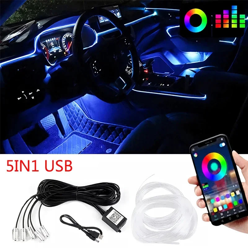 RGB Car Interior EL Wire Light Strip with App Control 12V Neon Ambient Lighting