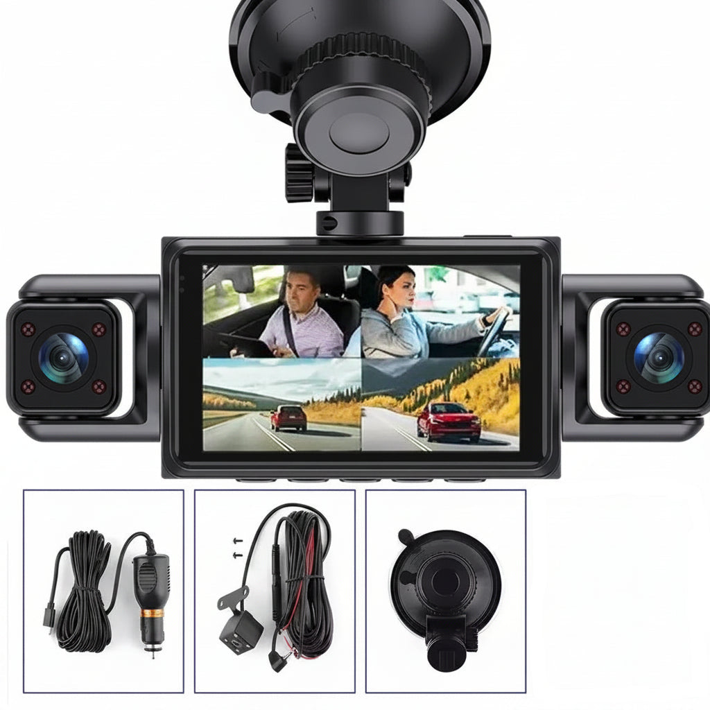Car dashboard camera with multiple lenses and accessories on a white background