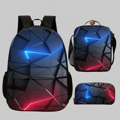 3-Piece Geometric Pattern Backpack Set – Backpack, Lunch Bag & Pencil Case, Ultra-Lightweight