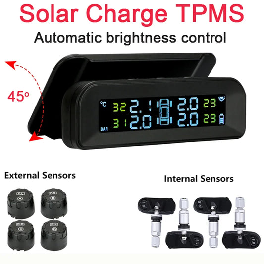 Solar Tire Pressure Monitoring System with LCD Display and 4 Wireless Tire Sensors
