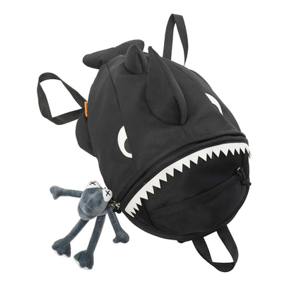 3D Shark Shape Backpack with Plush Pendant – Nylon, Large Capacity, Kids & Adults, Gray / White / Black