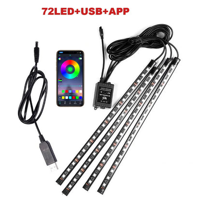IP68 RGB Car Foot Ambient Light Bar Set – 72 LED, 4-Piece, App or Remote, 5V/12V