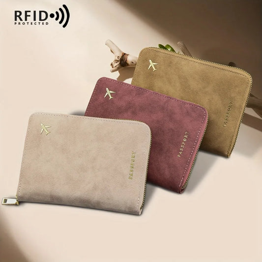 RFID Blocking Passport Wallet – Zipper, PU Leather, Multi-Slot Travel Organizer