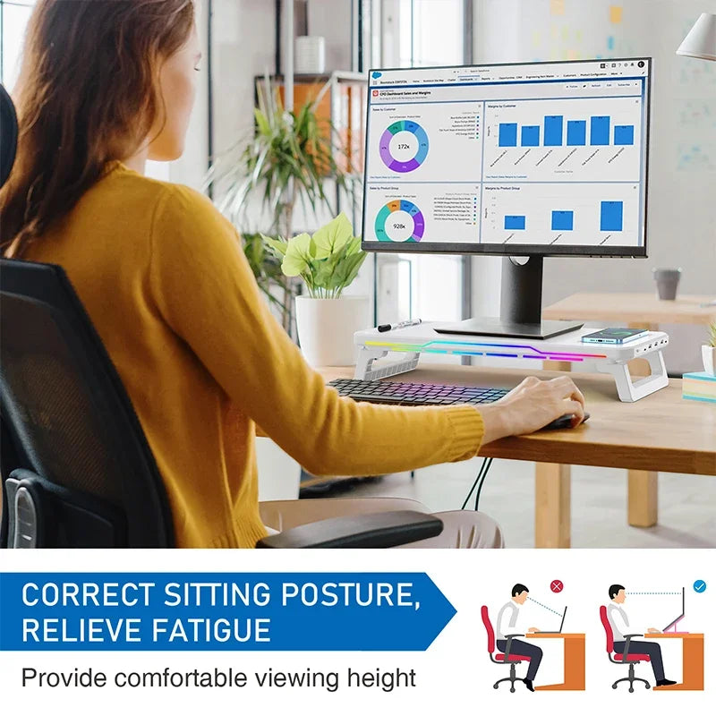 RGB Monitor Stand with USB Hub & Wireless Charging – 20 Lighting Effects, 25 kg Load