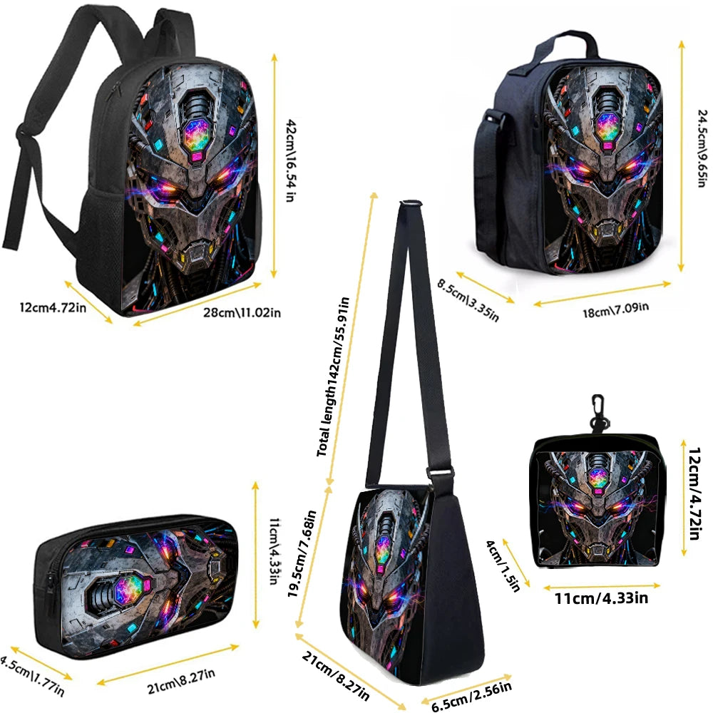 Cartoon Robot Print Backpack Set – Roomy Polyester School & Travel Bag, Unisex