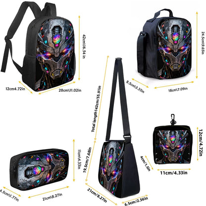 Cartoon Robot Print Backpack Set – Roomy Polyester School & Travel Bag, Unisex