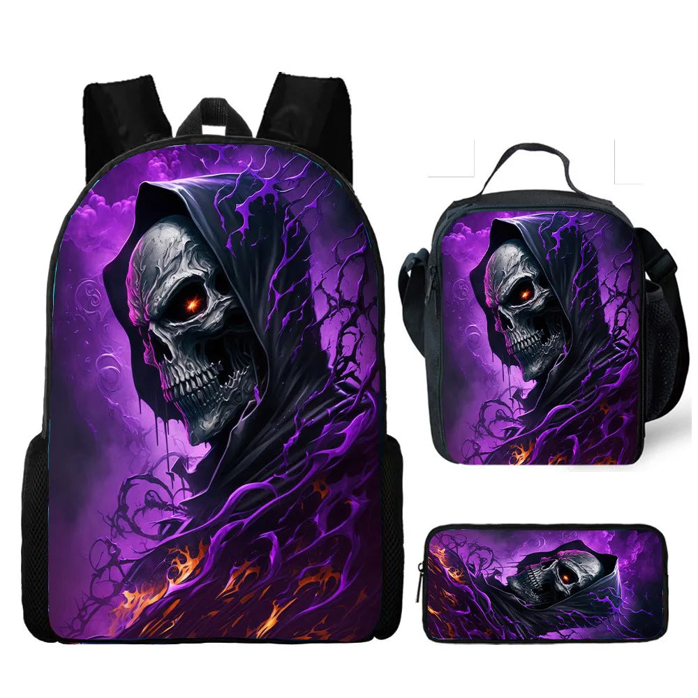 Skull Print School Backpack 3-Piece Set – Backpack, Lunch Bag & Pencil Case, Nylon, Unisex