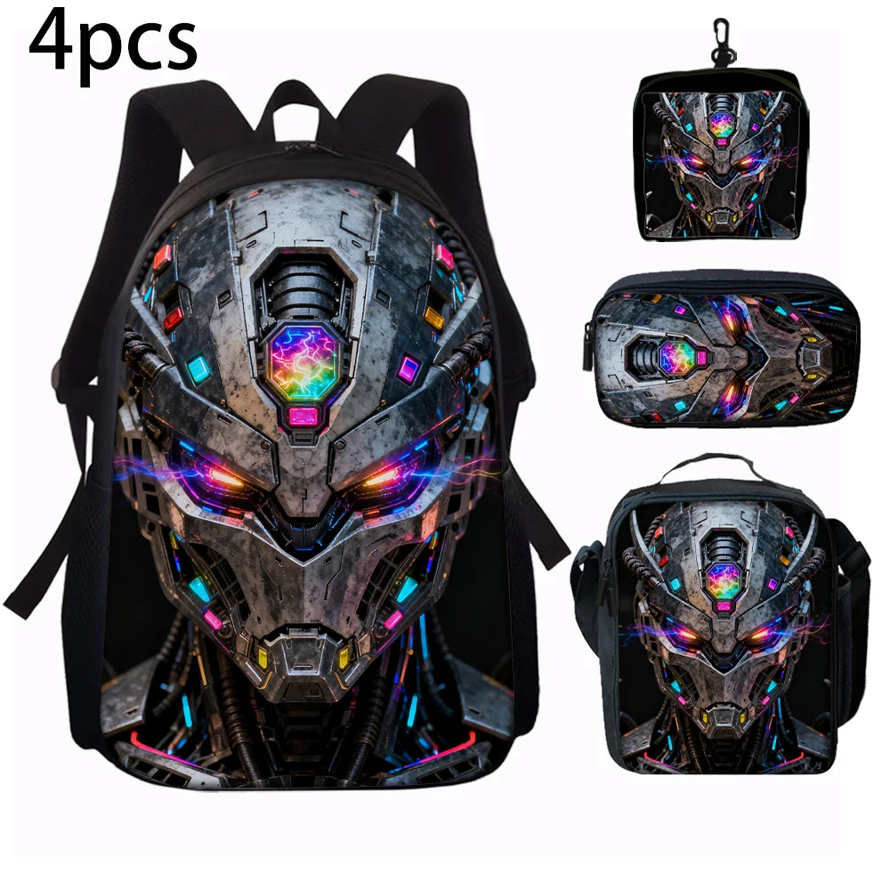 Cartoon Robot Print Backpack Set – Roomy Polyester School & Travel Bag, Unisex