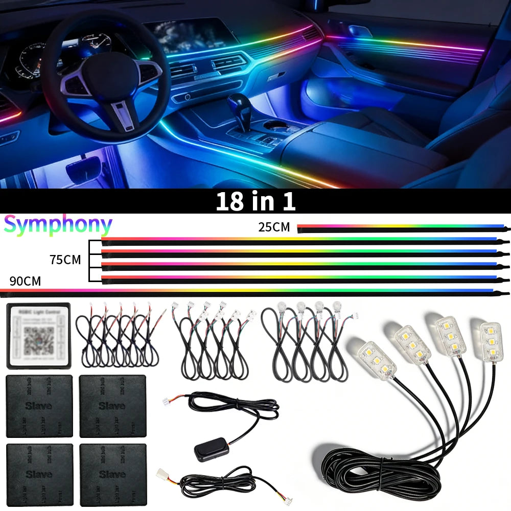 Car Ambient Light RGB Neon Acrylic Strip Interior Lighting Kit with App Control Symphony Streamer