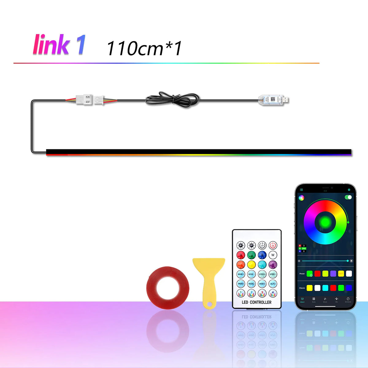 PMMA Acrylic RGB Symphony Car Ambient Light Strip – 612 LEDs, App + RF + Button Control, 110cm