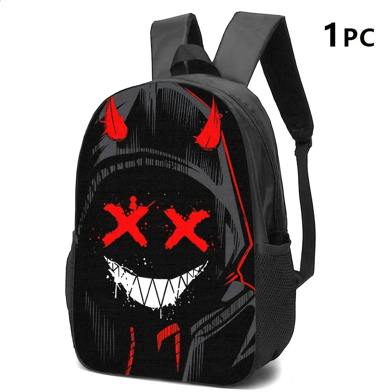 Devil Motif Backpack Set – Edgy 2D Print, Nylon, Laptop Compartment, Urban Travel