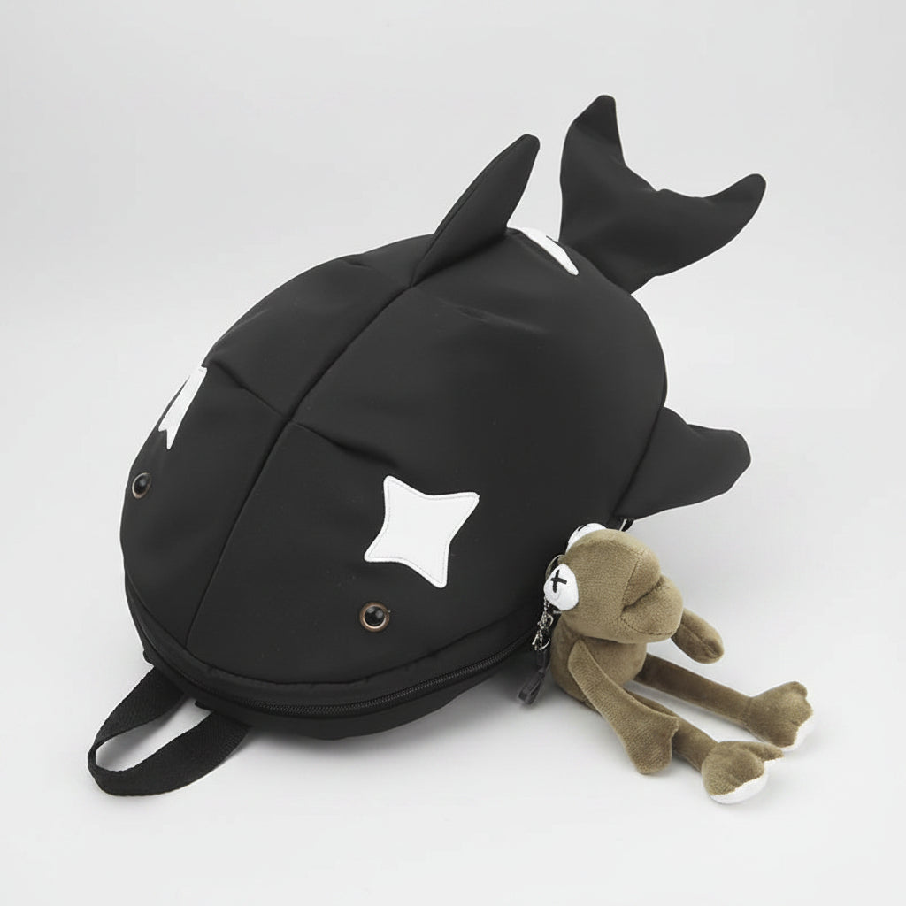 Y2K Whale Shark Shape Backpack – Cute Cartoon Nylon Travel Bag with Rain Cover, Reflective Stripe