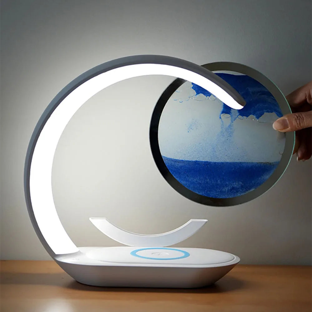 Quicksand Table Lamp 3D Hourglass Sand Art Night Light with USB Wireless Charging Desk Lamp