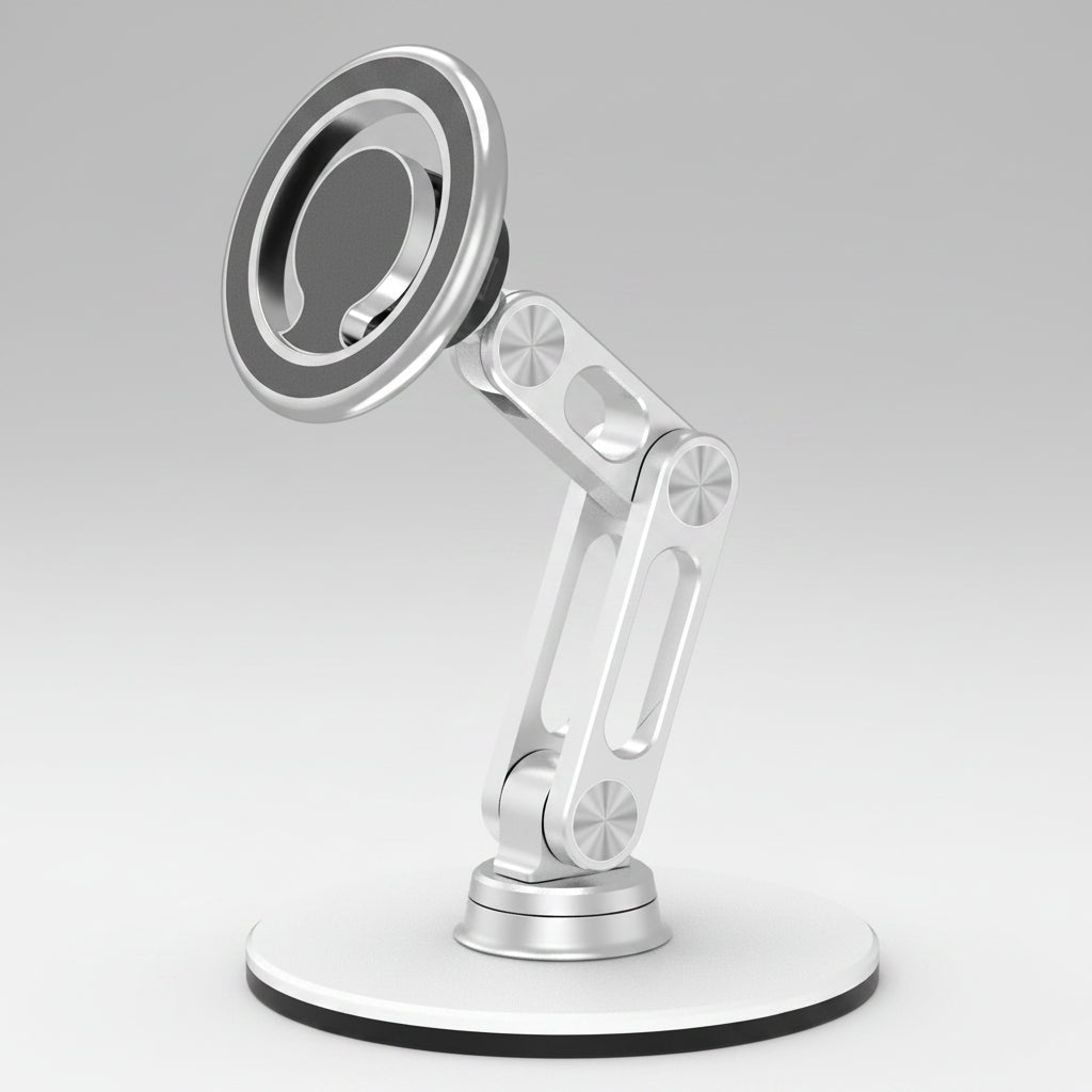 Metallic phone stand with adjustable arm on a white background