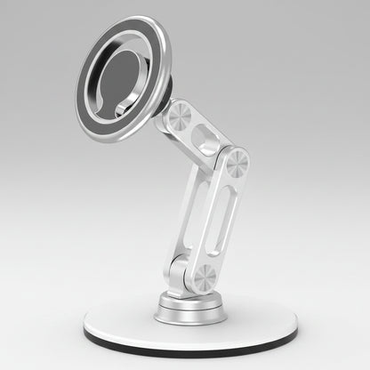 Metallic phone stand with adjustable arm on a white background