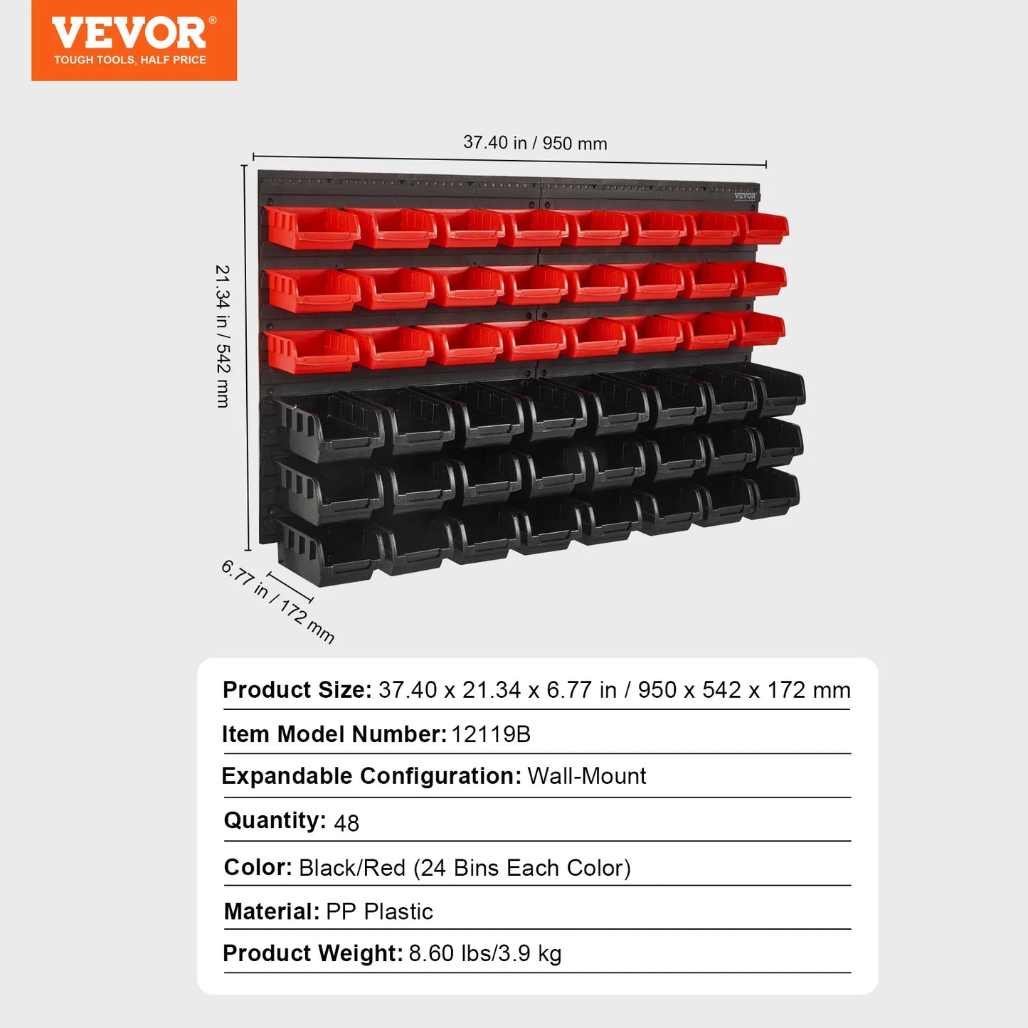 Wall Mounted Storage Bins – 30 or 48 Bin Parts Rack Organizer with Wall Panels & Hooks