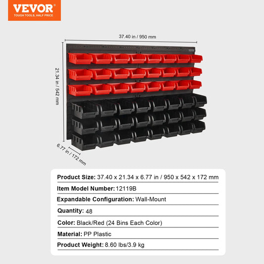 Wall Mounted Storage Bins – 30 or 48 Bin Parts Rack Organizer with Wall Panels & Hooks