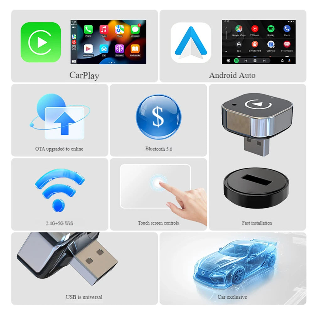 2 in 1 Wireless CarPlay Android Auto Adapter Smart USB