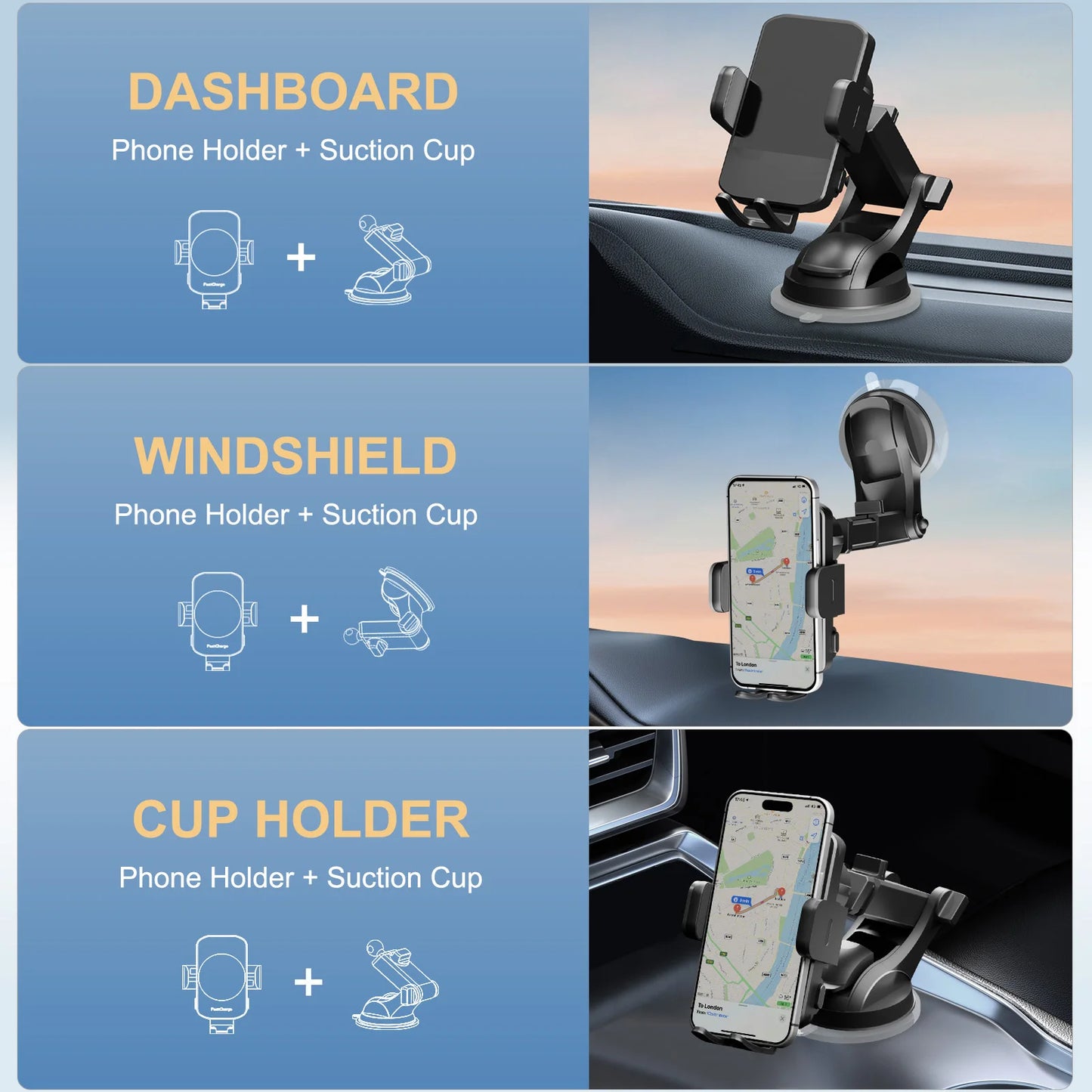 Car Charger Phone Holder 15W Fast Charge Station