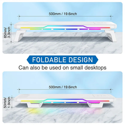RGB Monitor Stand with USB Hub & Wireless Charging – 20 Lighting Effects, 25 kg Load