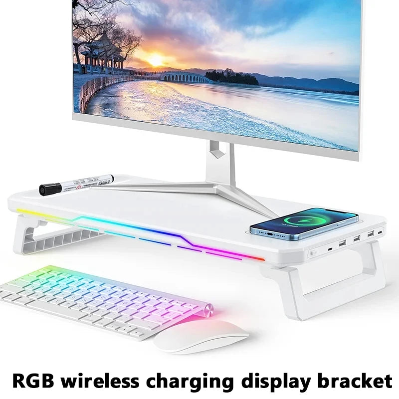 RGB Monitor Stand with USB Hub & Wireless Charging – 20 Lighting Effects, 25 kg Load