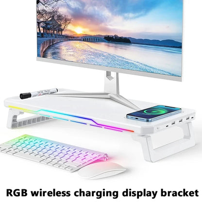 RGB Monitor Stand with USB Hub & Wireless Charging – 20 Lighting Effects, 25 kg Load