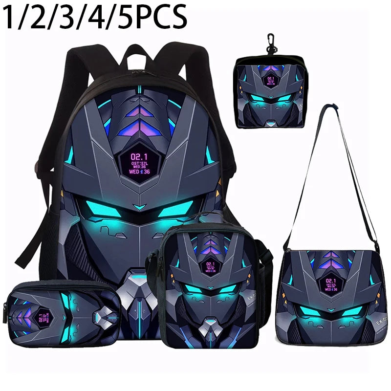 Cyberpunk Robot Pattern Backpack Set – Polyester, 20–35L, Unisex, 1–5 Piece