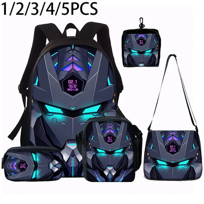 Cyberpunk Robot Pattern Backpack Set – Polyester, 20–35L, Unisex, 1–5 Piece