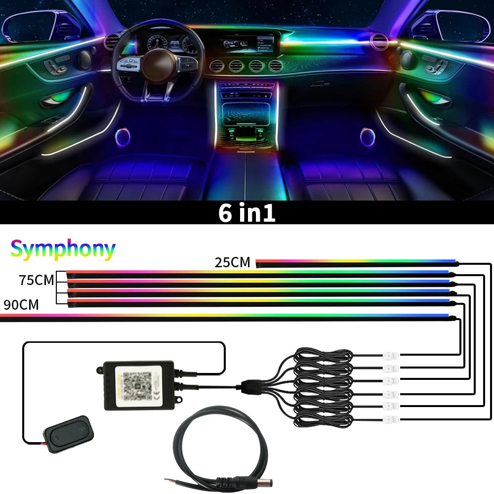Car Ambient Light RGB Neon Acrylic Strip Interior Lighting Kit with App Control Symphony Streamer