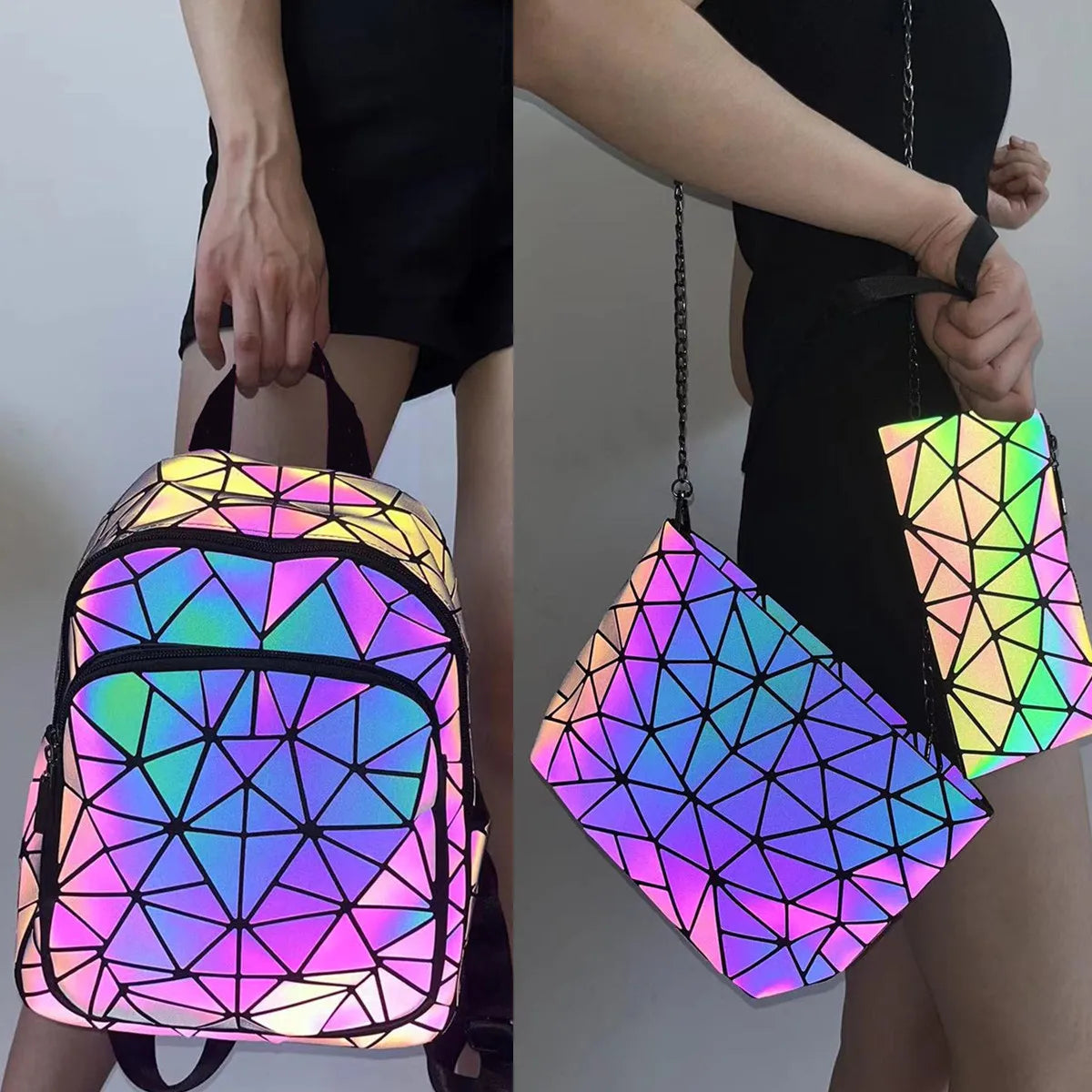 Women's Holographic PVC Backpack – Geometric Luminous Design