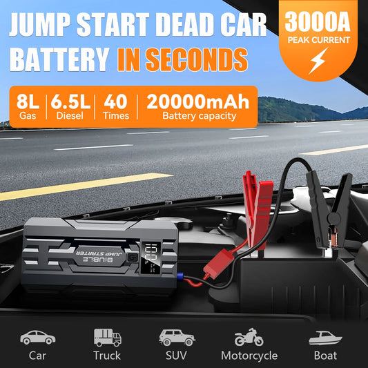 3000A Peak Car Jump Starter 25000mAh 12V Portable Battery Booster with LCD Display & USB