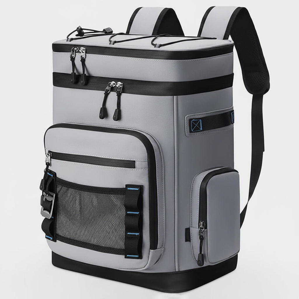 Gray backpack with black accents on a white background
