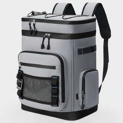 Gray backpack with black accents on a white background