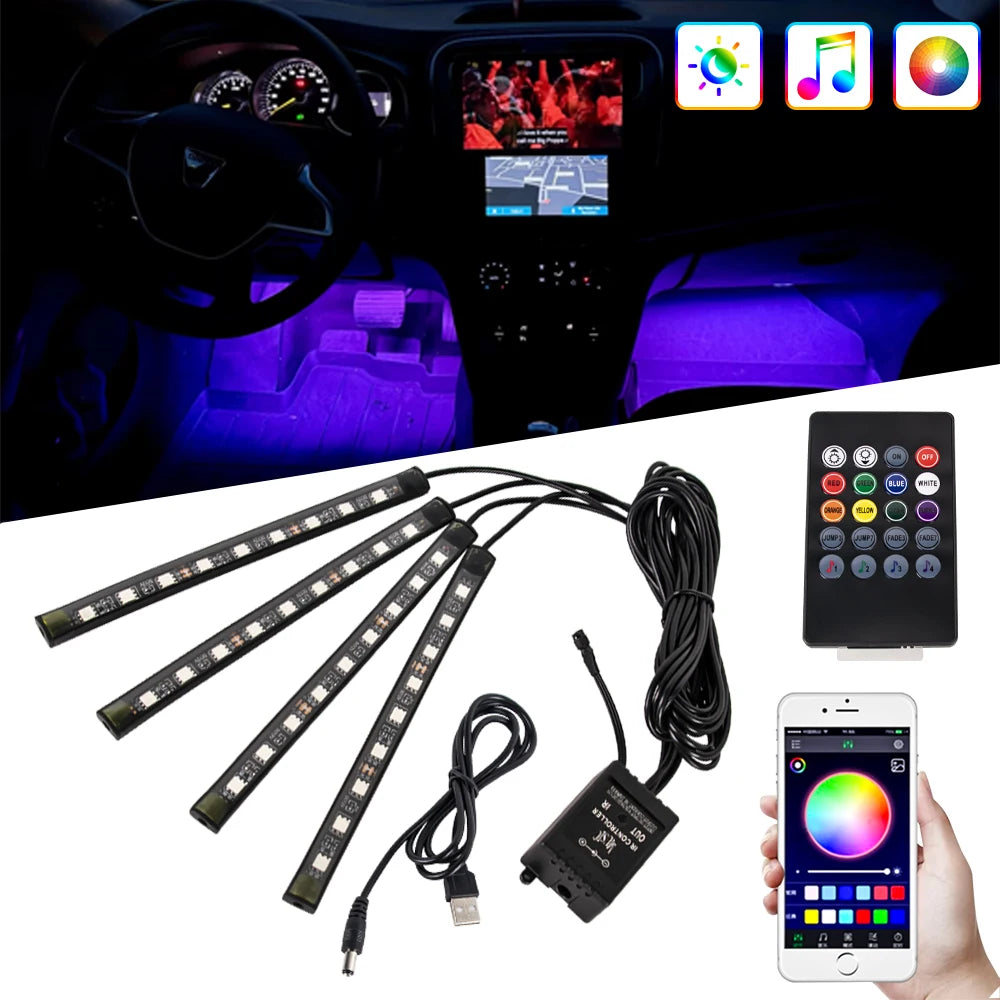 RGB Car Interior Footwell LED Light Kit USB & 12V Music Control