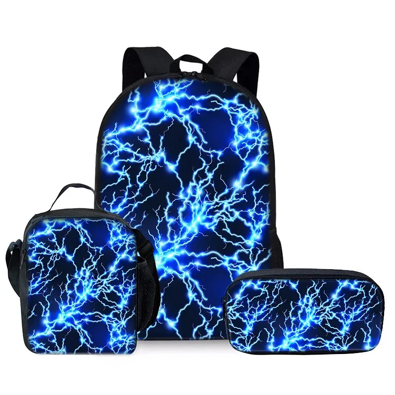 Thunder & Lightning 3D Cartoon School Backpack 3-Piece Set – Backpack, Lunch Bag & Pencil Case for Boys & Girls