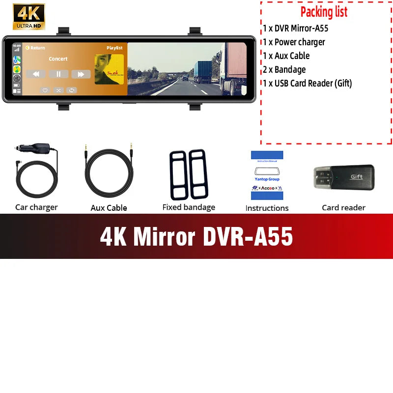 4K Rearview Mirror Dash Cam with Wireless CarPlay Android Auto 12 Inch Touch Screen WiFi GPS Support