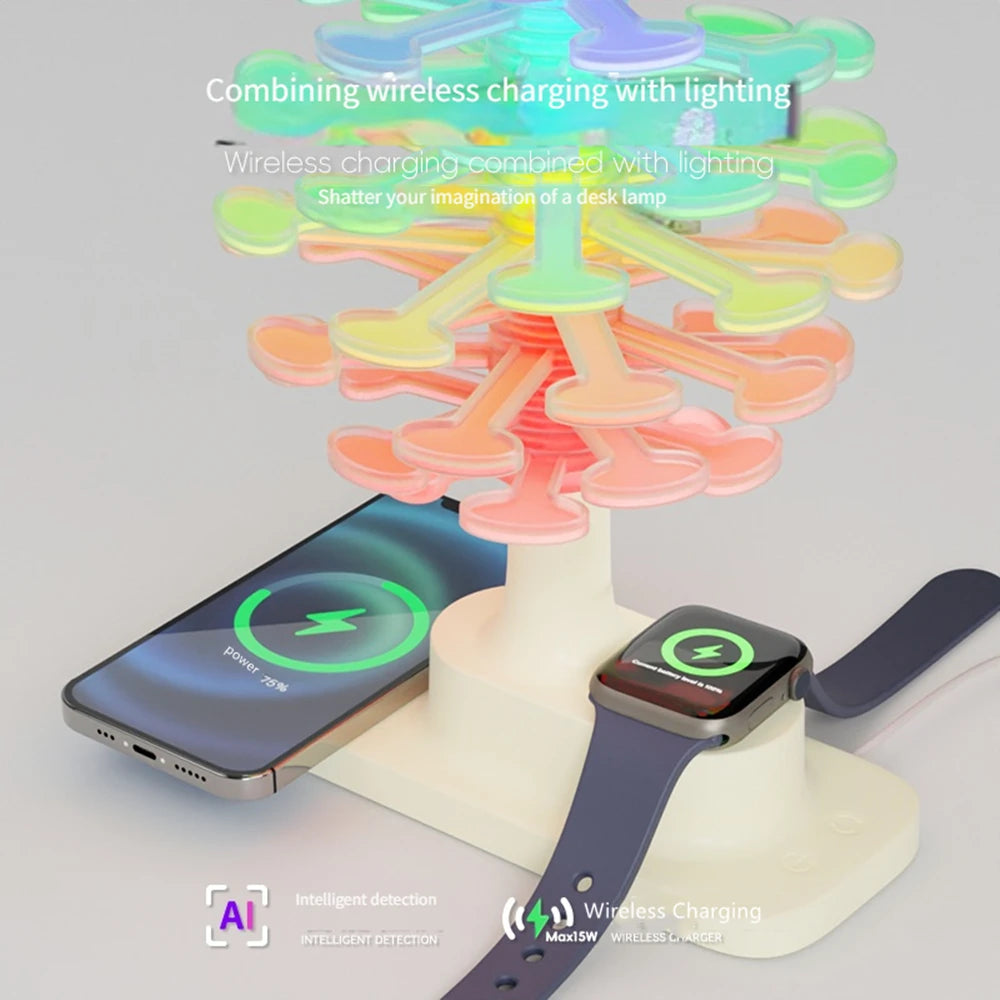 Spiral Tree Table Lamp with Colorful Lighting and Wireless Charging Pad for Phone and Watch