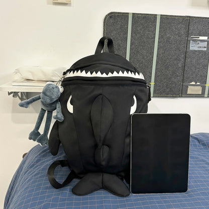 3D Shark Shape Backpack with Plush Pendant – Nylon, Large Capacity, Kids & Adults, Gray / White / Black