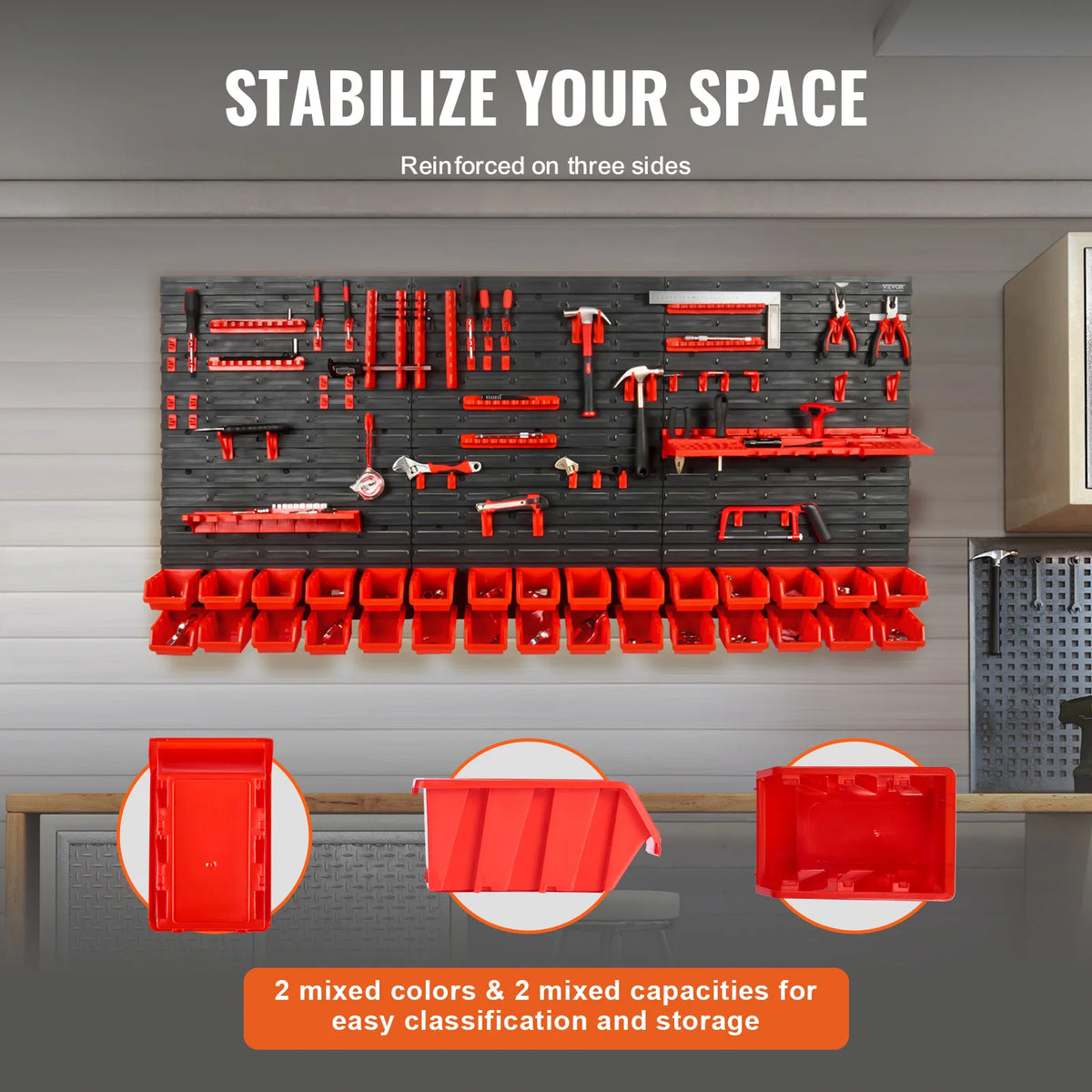 Wall Mounted Storage Bins – 30 or 48 Bin Parts Rack Organizer with Wall Panels & Hooks