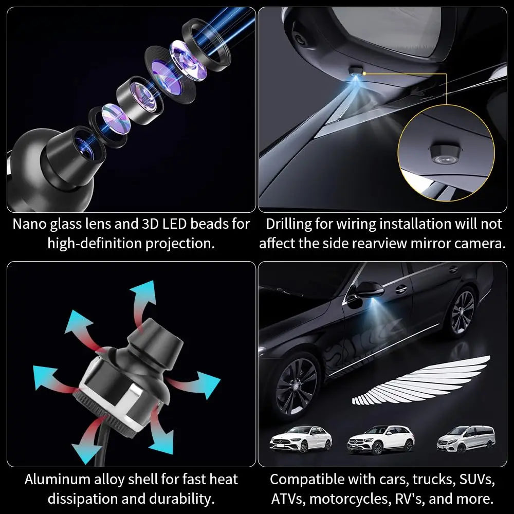 Angel Wing Car Door Projector Lights – Welcome Light, Mirror Mount, 30s Auto-Off